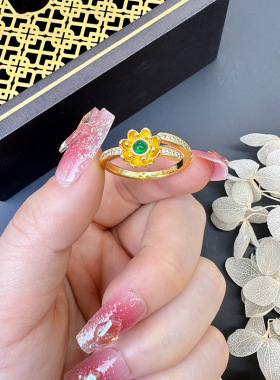 古法越南沙金微镶花朵戒指花瓣黄金高保色吉祥如意手南非锡金饰品