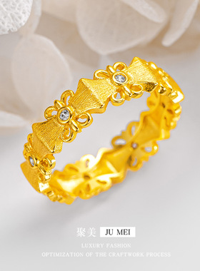 黄金拉丝蝴蝶结钻戒手镯女越南沙金古风镶嵌精致高级感气质食指戒
