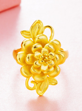 越南沙金3D硬金喷砂花女戒黄金金大花朵开口戒指结婚锡金饰品