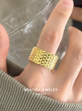 小众高级感复古个性凹凸波点沙金指环黄金久不掉色男士锤纹戒指