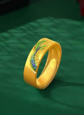 龙尾凤羽沙金对戒古法黄金龙凤呈祥开口指环情侣款戒指锡金手饰