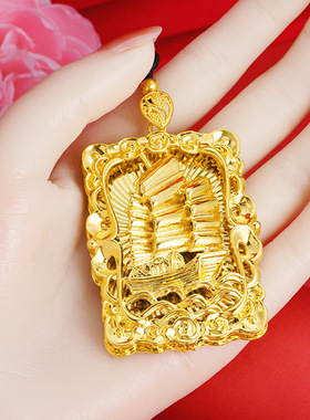 一帆风顺吊牌项链越南沙金祥云浮雕男女复古福牌方形绳链吊坠