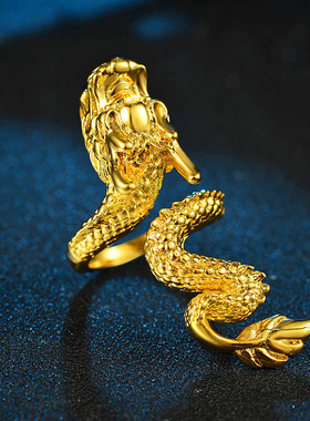 欧币沙金戒指男金开口戒指黄金霸气龙头戒指新郎结婚锡金指环女