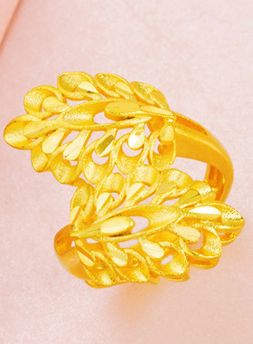 3D硬金爱情密语羽毛开口戒指女沙金999黄金树叶指环