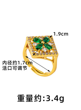 越南沙金食指戒仿祖母绿镶锆开口戒指女个性设计久不掉色饰品