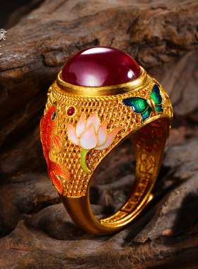 金店同款古法沙金锦锈瑞兔戒指锡金珠宝婚嫁女黄金指环纪念日