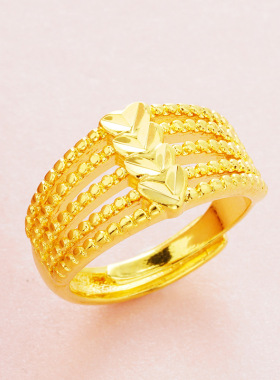 沙金黄金多线爱心戒指沙金真金开口女戒黄金跨境爆款锡金配饰