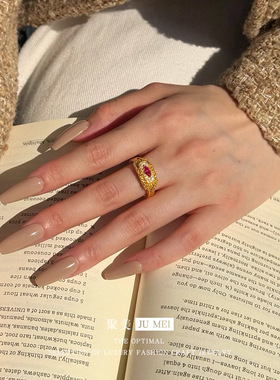 华焰流影女款越南沙金戒指轻奢高级感复古宫廷风设计感红宝石戒指