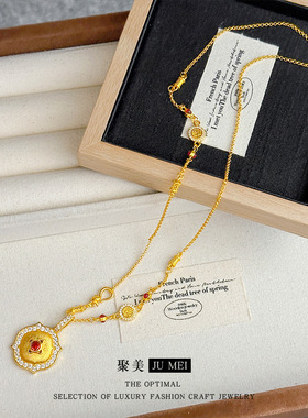 轻奢小众设计感中古风拉丝黄金色吊坠红宝石吊坠福字越南沙金项链
