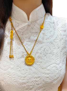 新中式越南沙金錾刻吉言黄财神圆牌五帝钱项链五路财神挂坠国风女