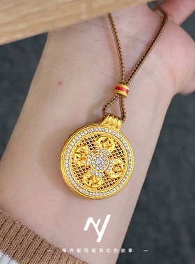 越南沙金多吉金刚杵满钻罗盘吊坠黄金色新中式镂空毛衣链挂绳项链