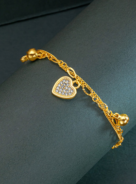 双层爱心镶钻手链黄金满福铃铛吊坠层越南沙金双层女款可调节手链