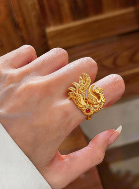 金店同款越南沙金有凤来仪凤凰仿真金古法金女款新娘婚嫁活口戒指