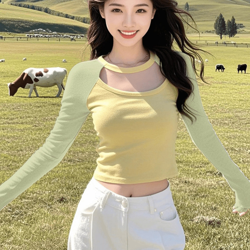 2025多巴胺穿搭双面德绒长袖打底衫秋冬季设计感镂空修身上衣女装