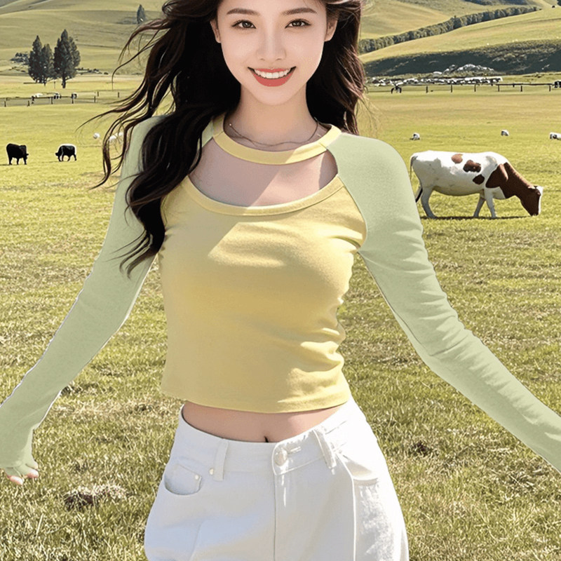 2025多巴胺穿搭双面德绒长袖打底衫秋冬季设计感镂空修身上衣女装