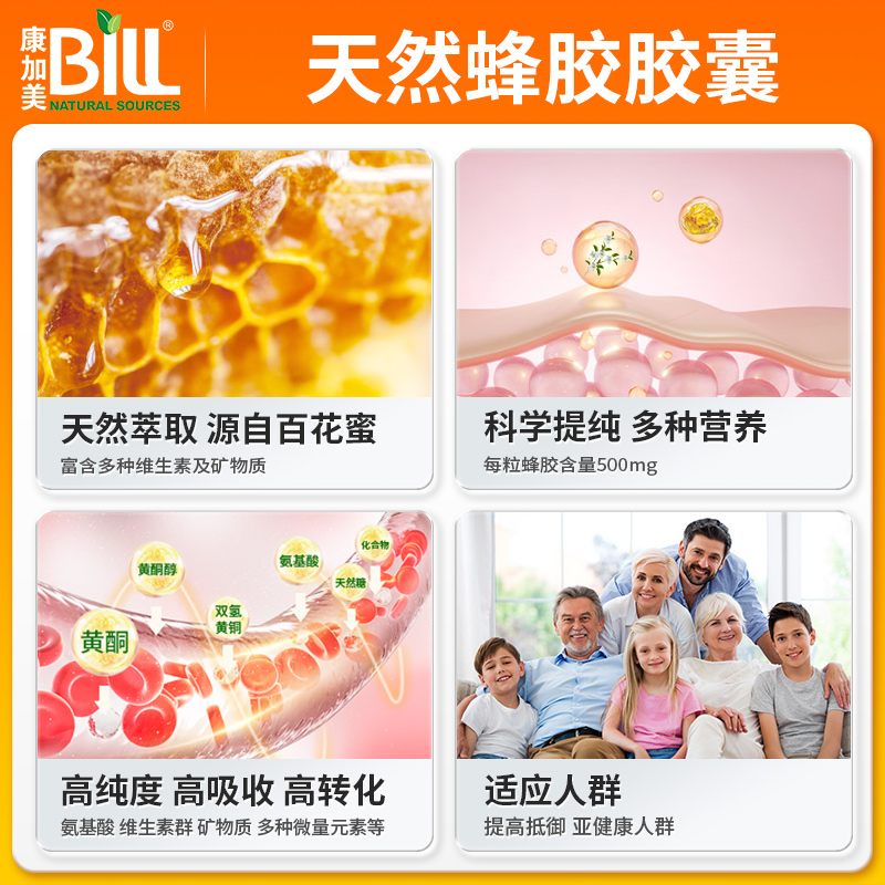 BILL北美天然蜂胶软胶囊 百花蜜低温提纯 富含多种维生素及矿物质 - 图2