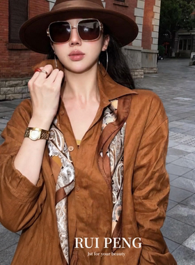 复古老钱风黄棕腰果花丝巾领巾女