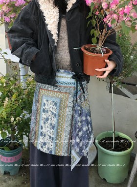 松弛感青蓝色印花腰巾屁帘高级感