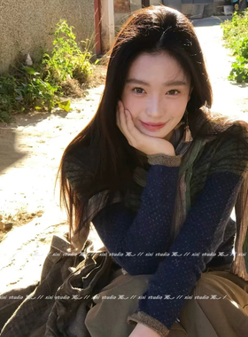 复古文艺风拼色蓝绿流苏围巾女