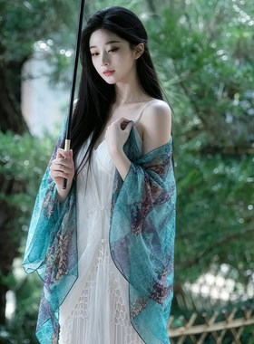 清冷感湖蓝色印花雪纺披肩围巾