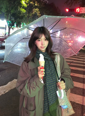 韩系ins风绿色波点拼色围巾长条