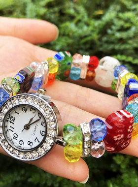 圆形时尚镶钻小千花琉璃弹性手链手表手工穿水晶珠学生礼物手链表