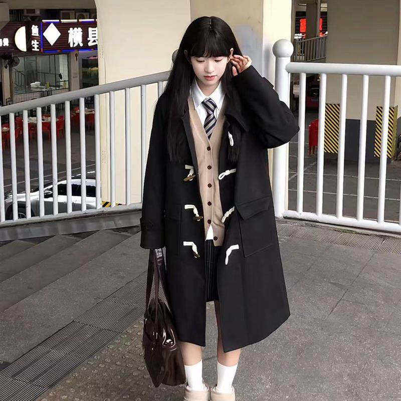 黑色加绒加厚秋冬季牛角扣毛呢大衣外套女呢子小个子英伦风赫本风,淘宝优惠券,粉丝福利购,淘宝优惠卷
