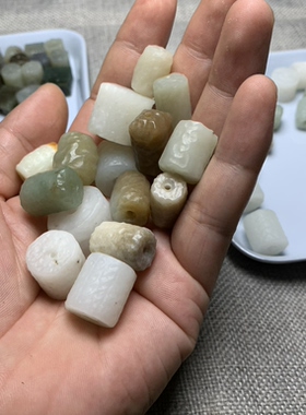 天然和田玉白玉复古橘皮雷击纹圆柱锤纹方桶珠饼子老光小墩子配件