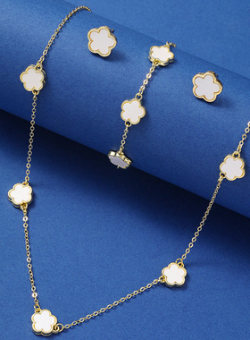 跨境热卖幸运五瓣花五叶草耳钉项链三件套欧美时尚五叶花饰品套装