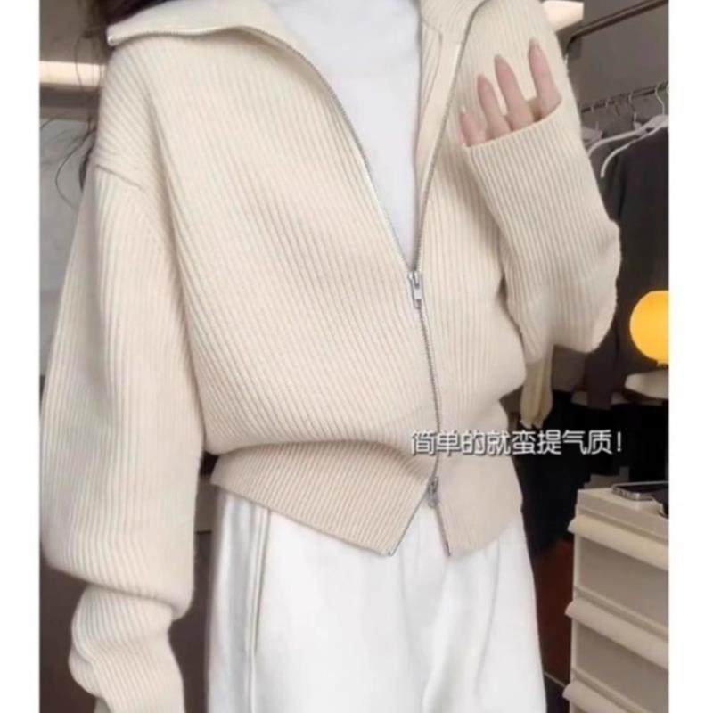 慵懒风双拉链翻领针织开衫女秋冬新款高级感软糯毛衣外套短款上衣,淘宝优惠券,粉丝福利购,淘宝优惠卷