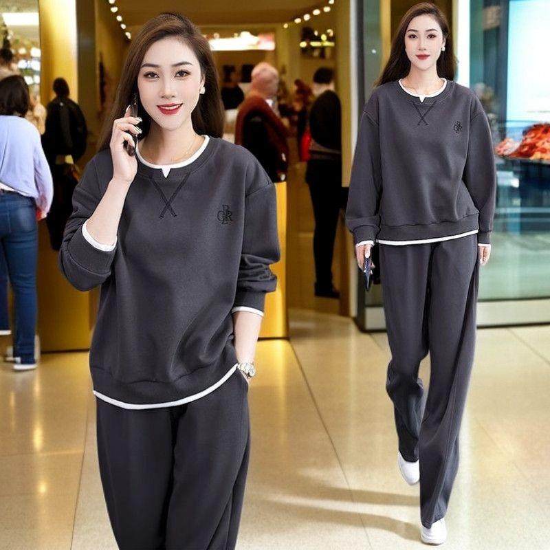 大码遮肉休闲运动假两件卫衣长裤两件套春秋新款棉质高档时尚套装,淘宝优惠券,粉丝福利购,淘宝优惠卷