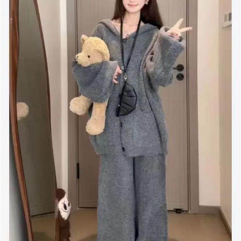 2025秋冬大码慵懒风连帽针织简约休闲两件套女保暖纯色裤子+上衣,淘宝优惠券,粉丝福利购,淘宝优惠卷