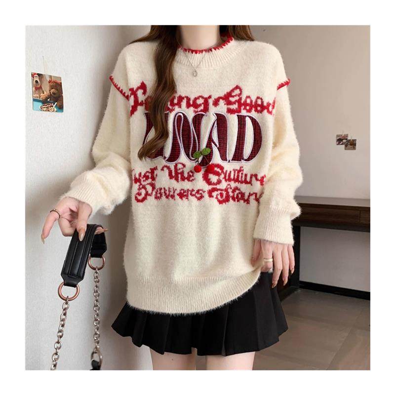 圆领字母提花针织长袖上衣女春秋季大码胖MM美式宽松复古打底毛衣,淘宝优惠券,粉丝福利购,淘宝优惠卷