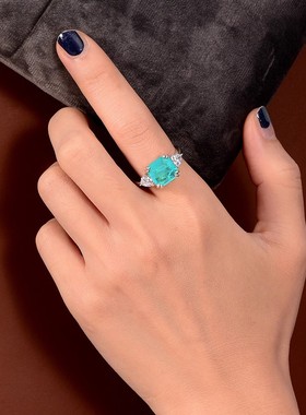 s925三生石冰花白本命年超闪公主方形戒指女粉色高碳钻祖母绿指环