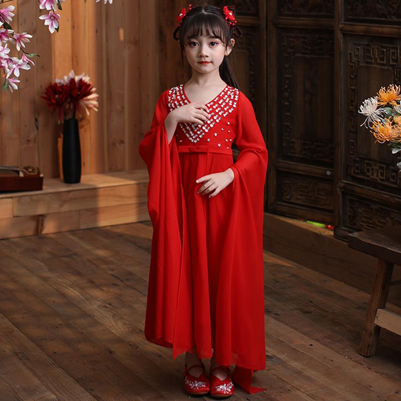 儿童古筝钢琴演出舞蹈服中式古典红色显气质长款走秀考级礼服裙定 - 图0