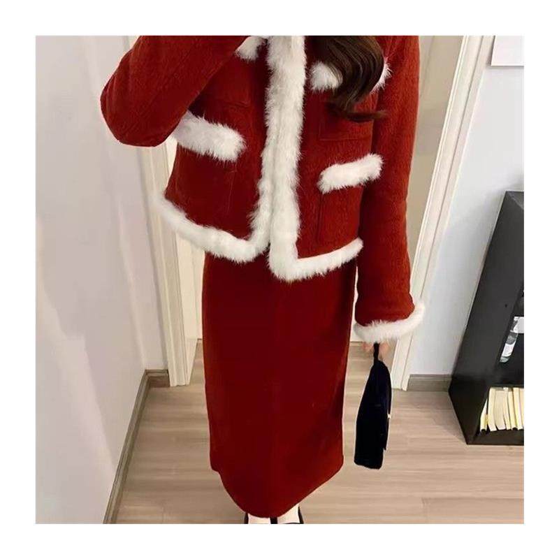红色连衣裙套装女小香风2025高级新年战袍毛呢外套两件一整套,淘宝优惠券,粉丝福利购,淘宝优惠卷