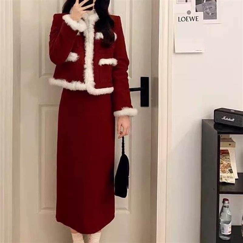 红色连衣裙套装女小香风2025高级新年战袍毛呢外套两件一整套,淘宝优惠券,粉丝福利购,淘宝优惠卷