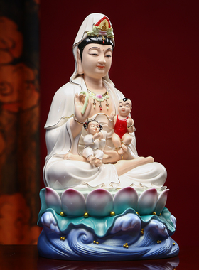 悟闻陶瓷龙凤送子观音佛像摆件