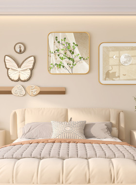 奶油风卧室床头装饰画房间背景墙挂画抽象木风感蝴蝶简约壁画
