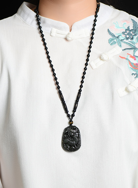 天然彩虹眼黑曜石麒麟吊坠玉石