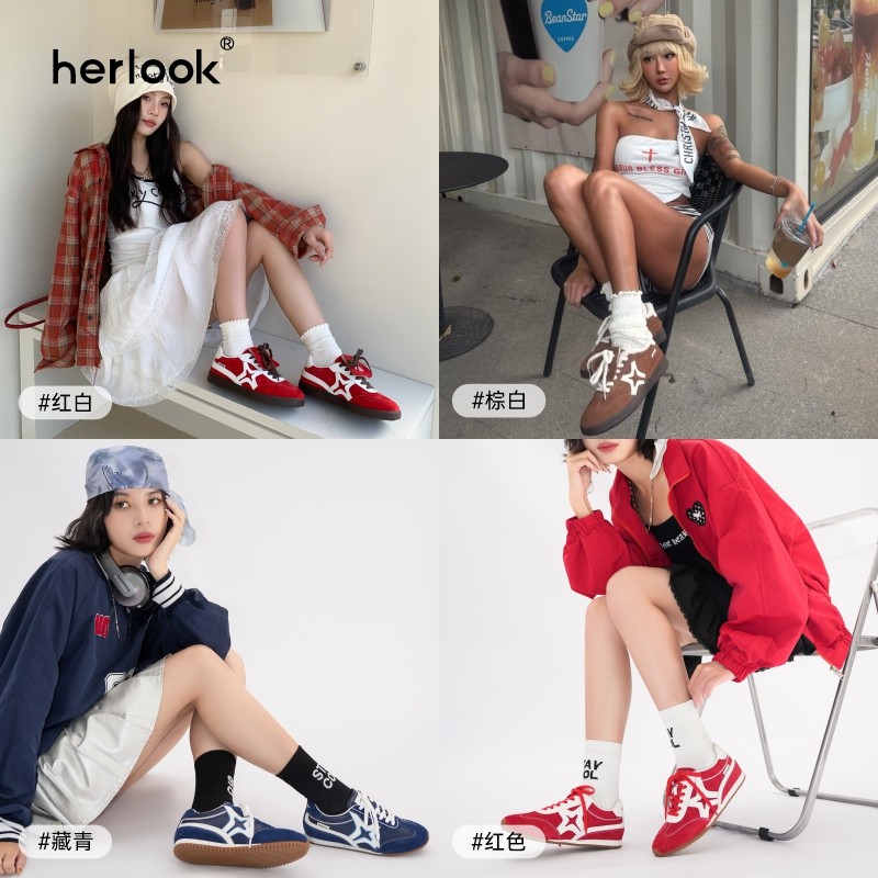 【裴佳欣同款】HERLOOK星星德训鞋女红色复古加绒真皮休闲板鞋,淘宝优惠券,粉丝福利购,淘宝优惠卷