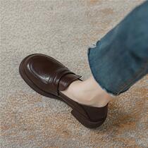 Genuine leather retro small leather shoes women 2023 fall new single shoes Inn round head thick heel with a foot pedal
