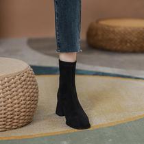 Square Head Suede High Heel Short Boots Woman 2023 Autumn Winter New coarse heel Thin boots Inn wind genuine leather Cavet Martin boots