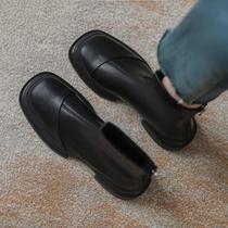 Short boots woman 2023 autumn winter new genuine leather black square head flat bottom slim boot thick bottom plus suede Martin boots