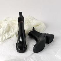 Martin boots woman 2023 autumn winter new square head fashion plus suede short boot heel genuine leather skinny skinny boots