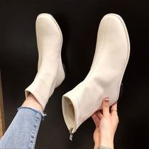 Exploits Martin boots woman 2023 autumn winter new French style white short boots with velvet big code flat-bottomed genuine leather slim boot
