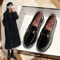 Gush small leather shoes women 2023 autumn and winter new Korean version 100 hitch flat bottom single shoe genuine leather Inn with rough heel