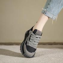 Real Leather Gush Old Daddy Shoes Woman 2023 Autumn Winter New Single Shoes 100 Hitch Rice Cake Thick Bottom Lace Casual Sneakers