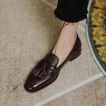 Retro Inron womens 2023 fall new genuine leather flow Su flat-bottomed single shoe square head 1 foot pedal small leather shoes