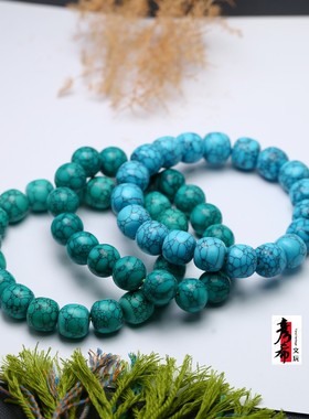 湖北绿松石高瓷高蓝圆珠老邢单圈手串俏色男女款手链